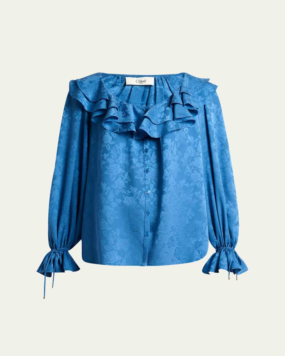 Floral Silk Jacquard Ruffle Top